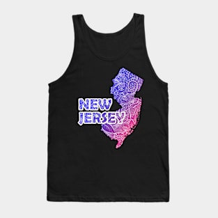 Colorful mandala art map of New Jersey with text in blue and violet Tank Top